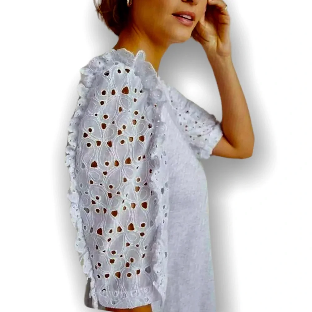 Rebecca Taylor x Anthropologie Papillon Eyelet Lace Med Puff Sleeve Gray Jersey